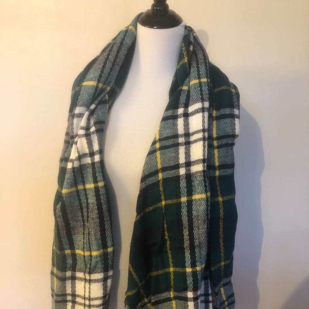 GREEN, WHITE, AND YELLOW PLAID SCARF